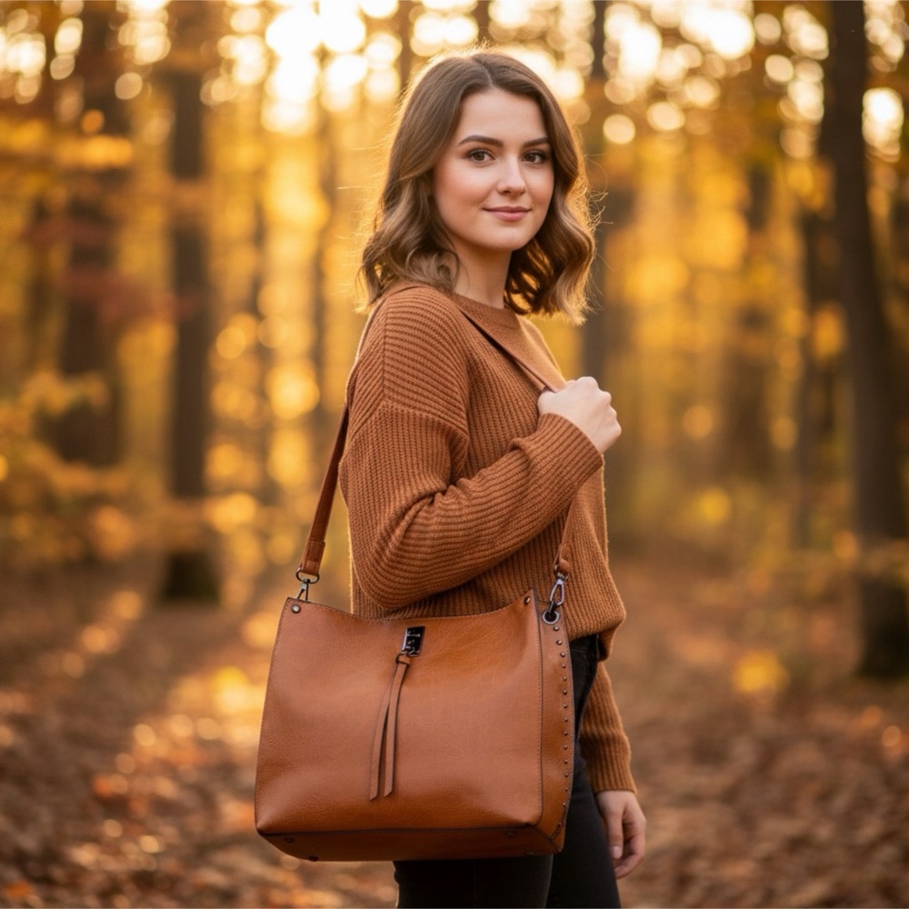 Sam & Hadley Faux Brown Leather Studded Shoulder Bag Purse‎ Like New